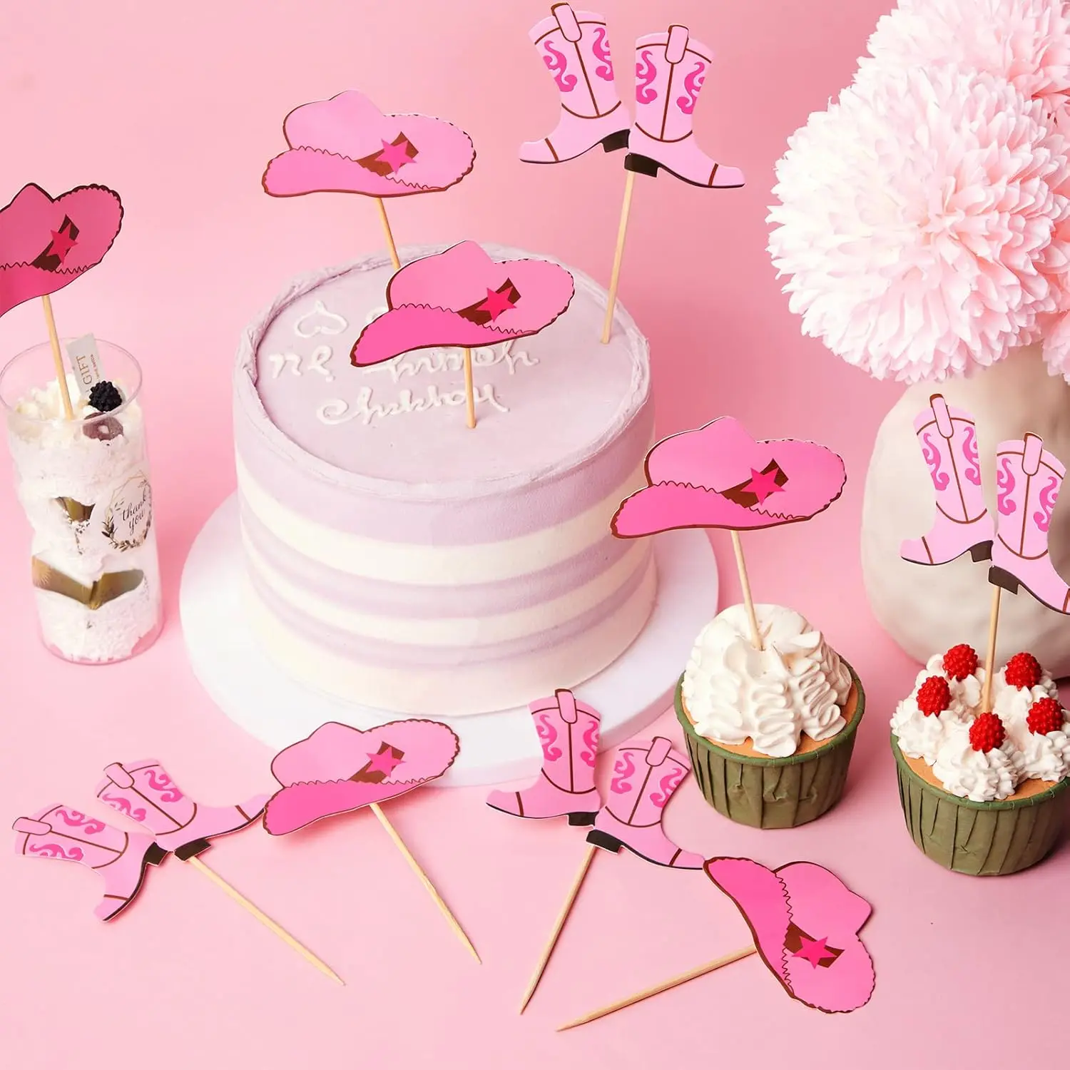 24 Stück Cupcake-Topper mit Cowboyhut und Stiefeln, Western-Geburtstagskuchen-Dekorationen, Partyzubehör für die Babyparty, Cowgirl-Themenveranstaltung – Detail 4
