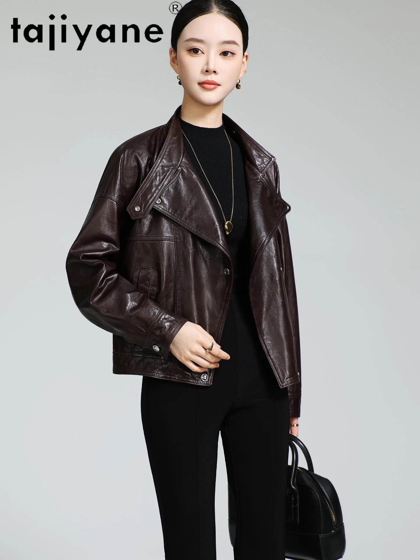 TAJIYANE chaqueta de piel de oveja auténtica para mujer, abrigo corto elegante de cuero genuino, prendas de vestir holgadas para mujer, ropa de otoño 2025 para mujer 