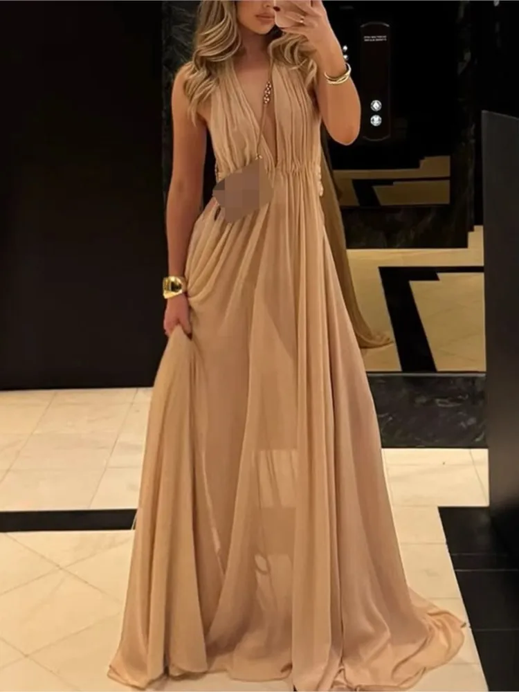 

Pleated Hanging Neck Backless Long Dress For Summer New Sexy Sleeveless Deep V-neck Long Evening Dress For Women
