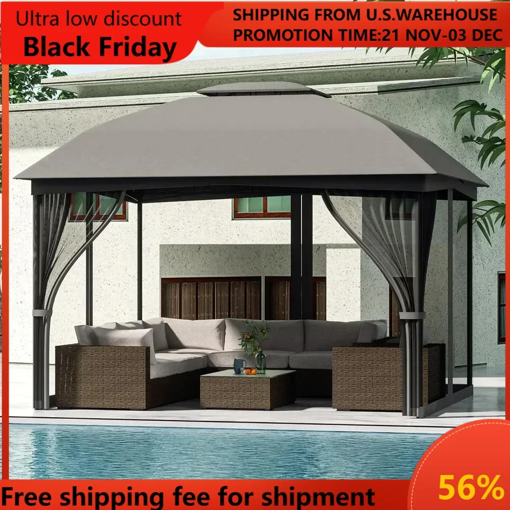 Gazebo 10' x 12' with Mosquito Netting, European-Style Gazebo Ventilation Double Roof, Outdoor Gazebo for Patio, Garden, Lawn