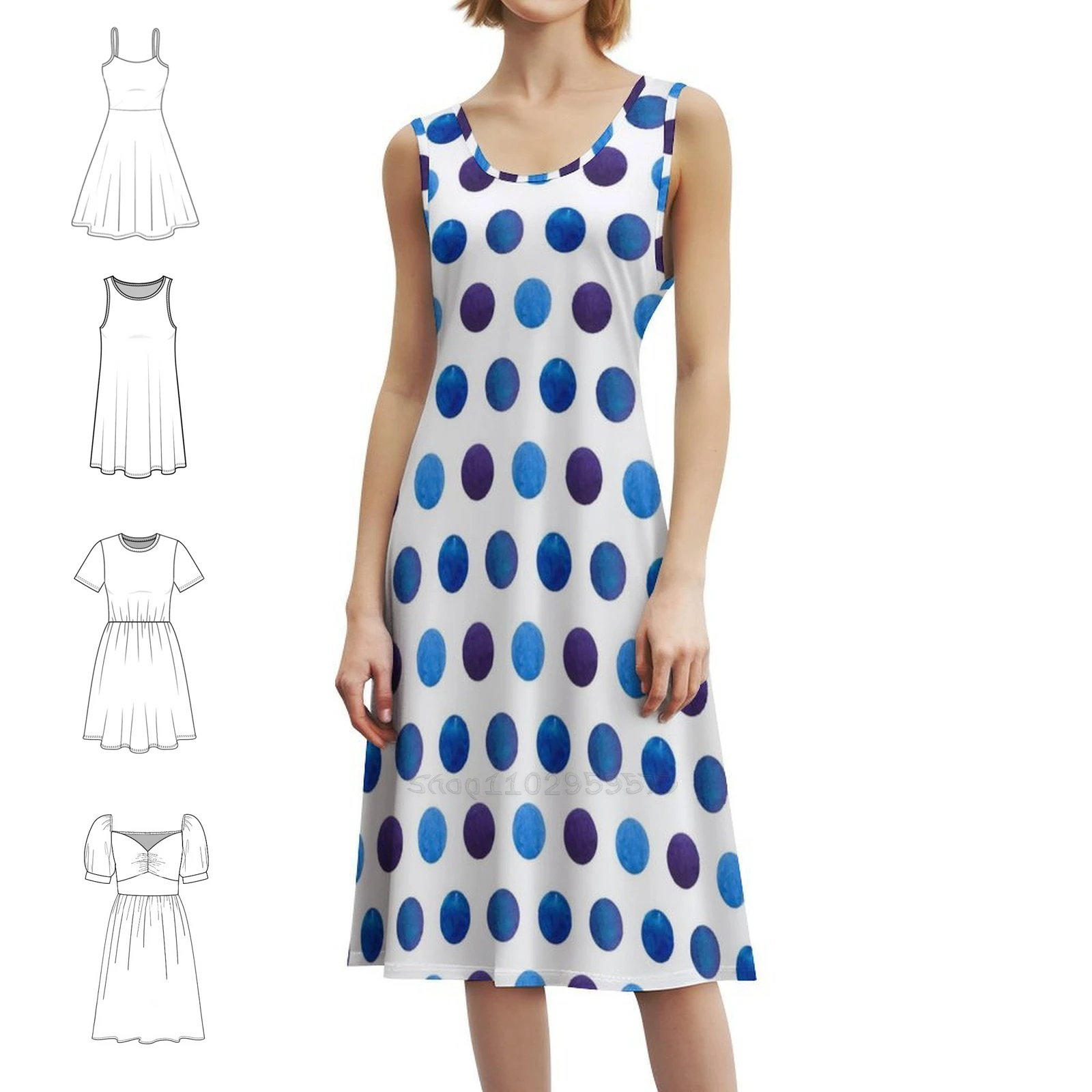 Leuke blauwe aquarel polka dot preppy stijl mini-jurk voor dames a-lijn losse pasvorm casual dagjurk patroon polka dot geometrie