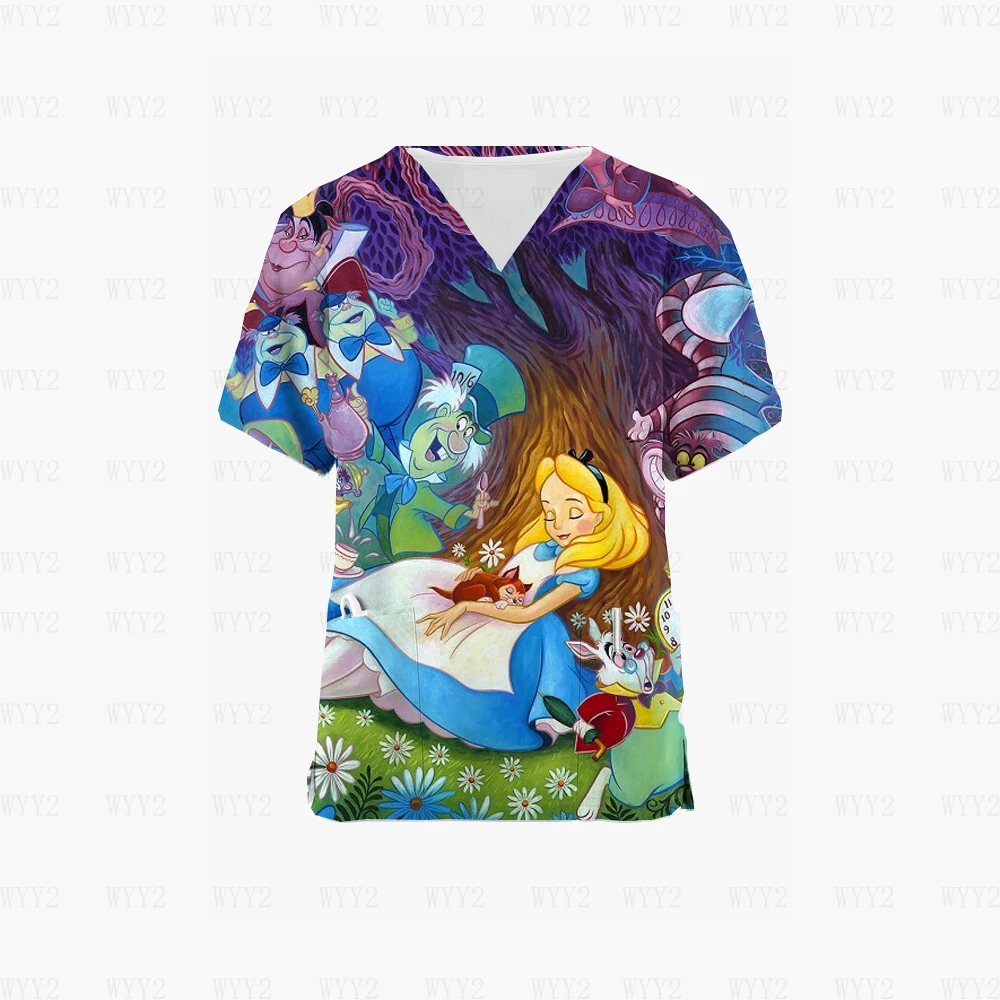 Women's Nursing Uniform Printed Disney Formal V Neck Scrub Pullover Alice in Wonderland Nursing Worker Nurse Job T-Shirt