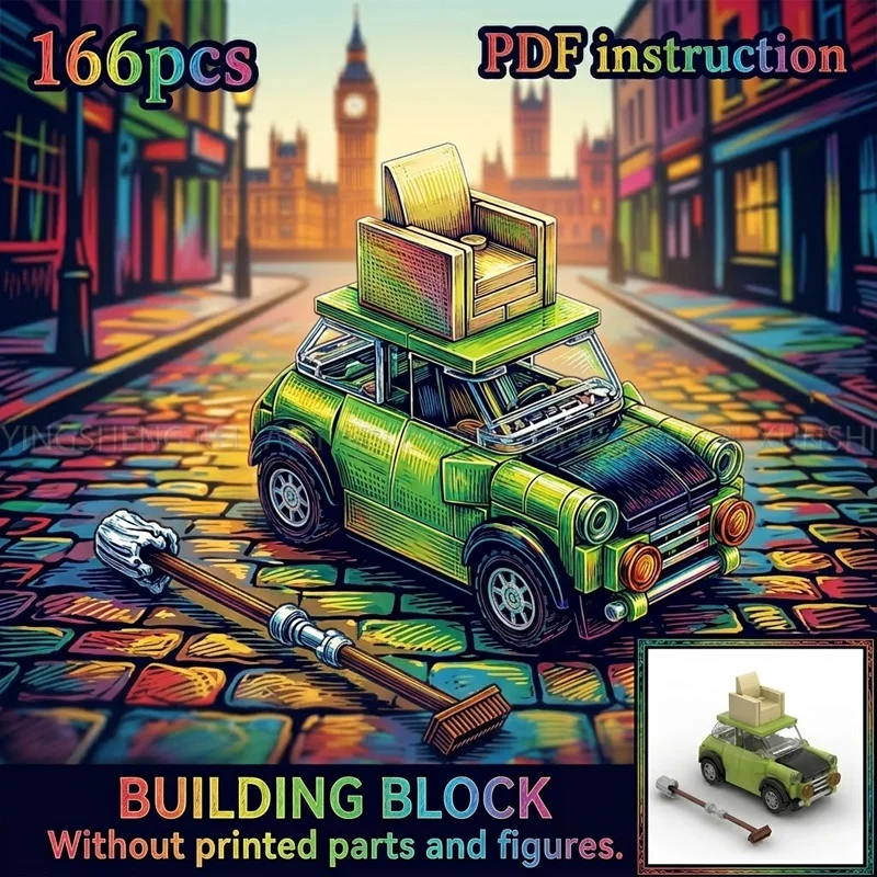Green Car MOC Classic British Comedy Building Blocks Funny Armchair Roof Vehicle Display Model Office Desk Adult Decor Toy