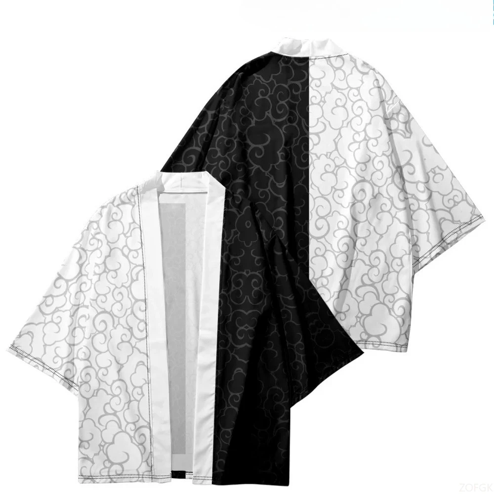 Oriental Black and White Patch Kimono Jacket Women's Flower Loose Open Collar Lightweight Summer Pajamas Bathrobe