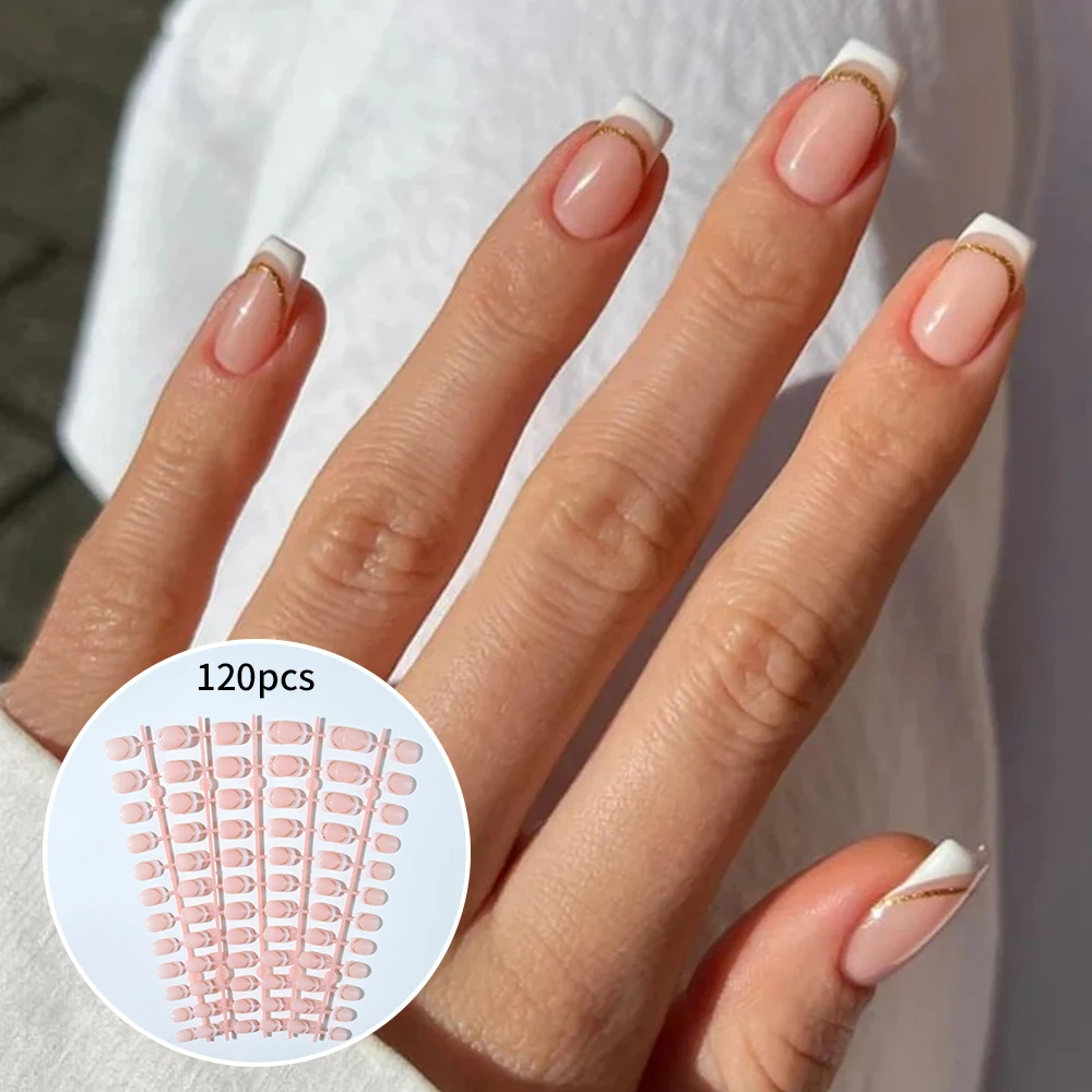 Nail Art Gliter - 120個（5パック）ショートスクエアプレスオンネイル、グリッターフレンチマニキュア、Y2Kスタイル