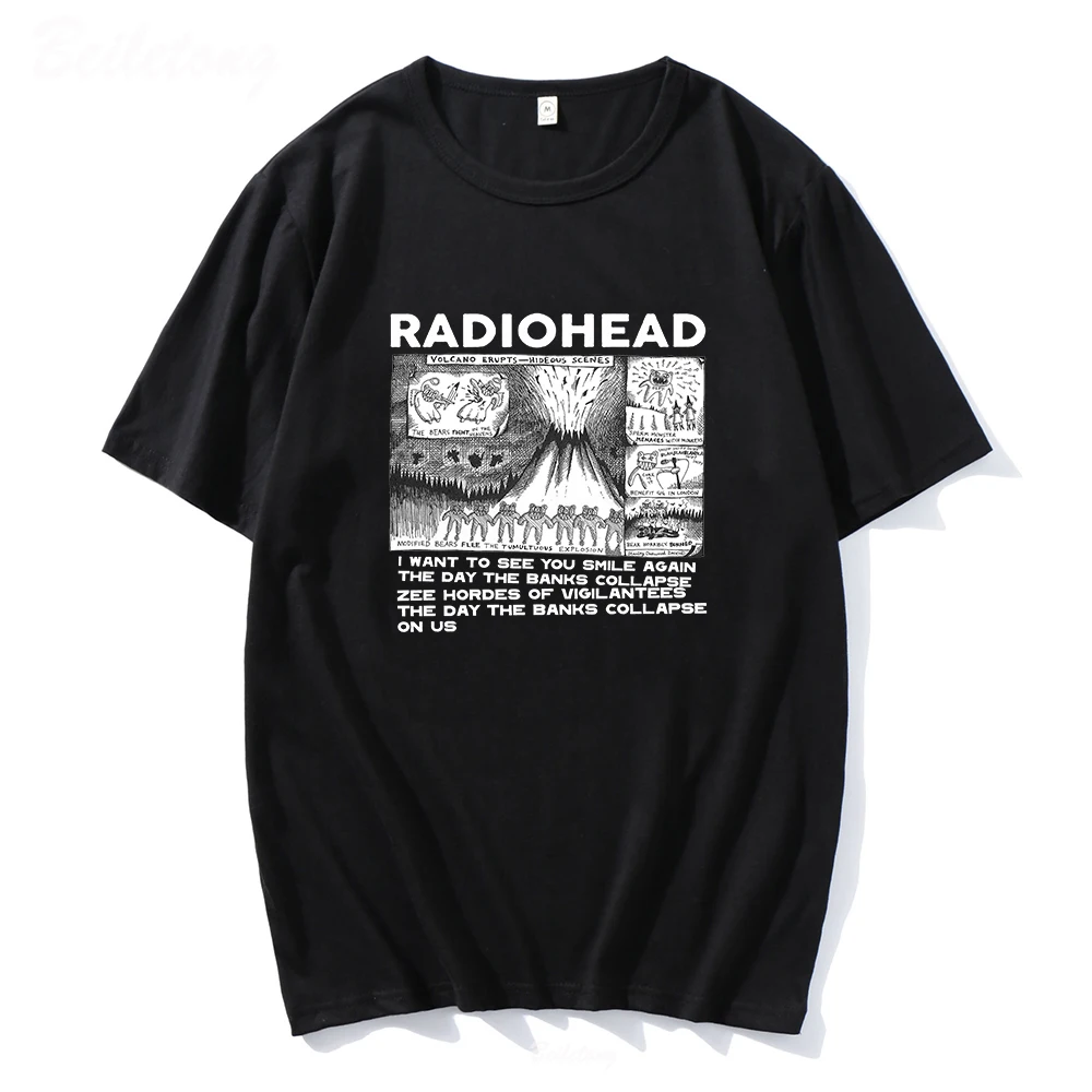 Radiohead Vintage Hip Hop Rock Band Music Print Harajuku Camisetas Black T Shirts Graphic Short Sleeve Polyester Women\'s T-shirt