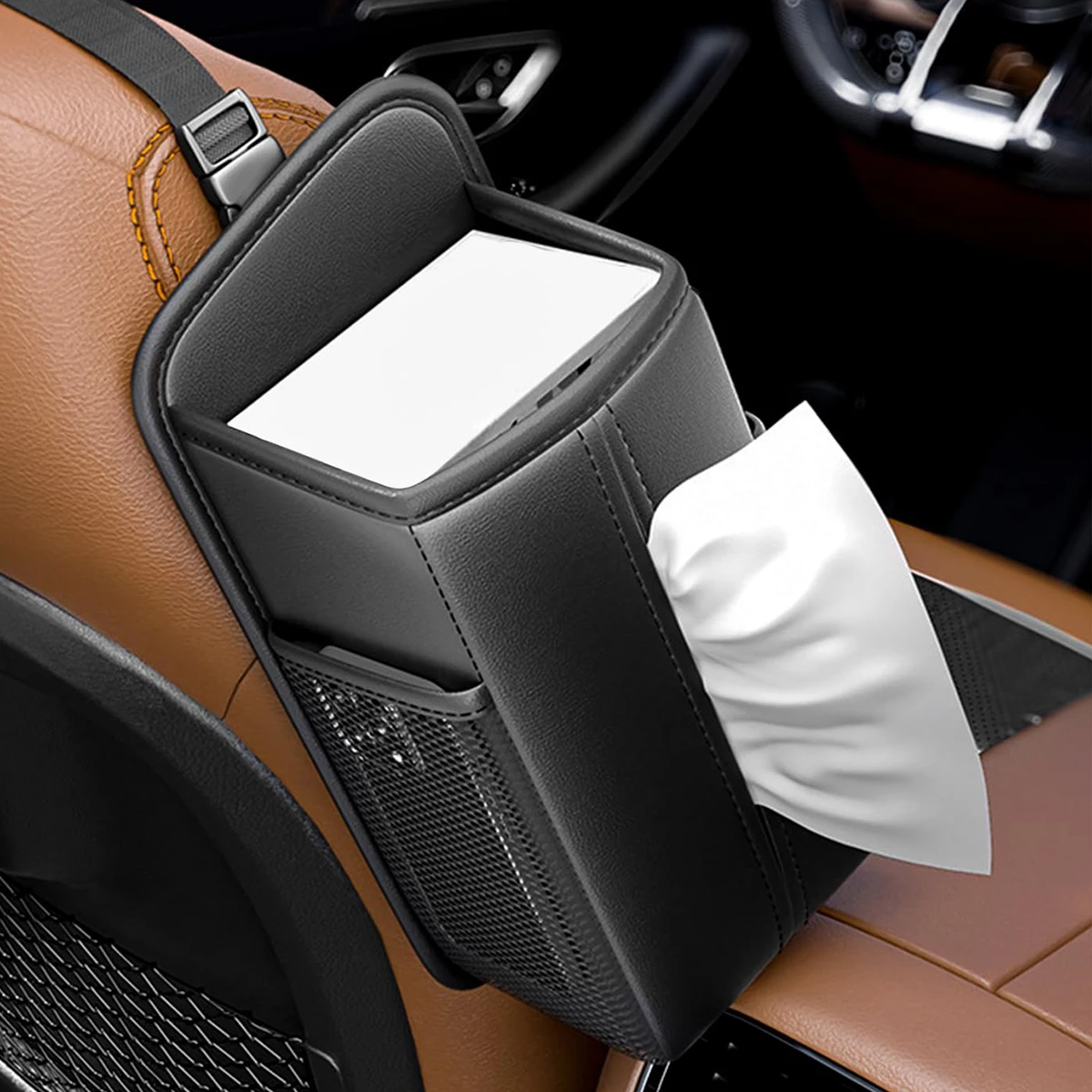 Car Seat Back Hanging Storage Organizer with Tissue Holder, Adjustable Strap for Small Items Storage & Neat Car Interior