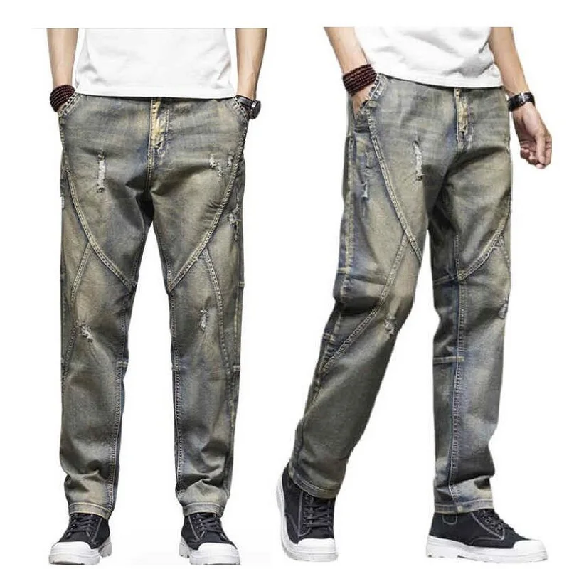 Light Colored Distressed Jeans For Men Summer Thin Straight Leg Holes Denim Trousers