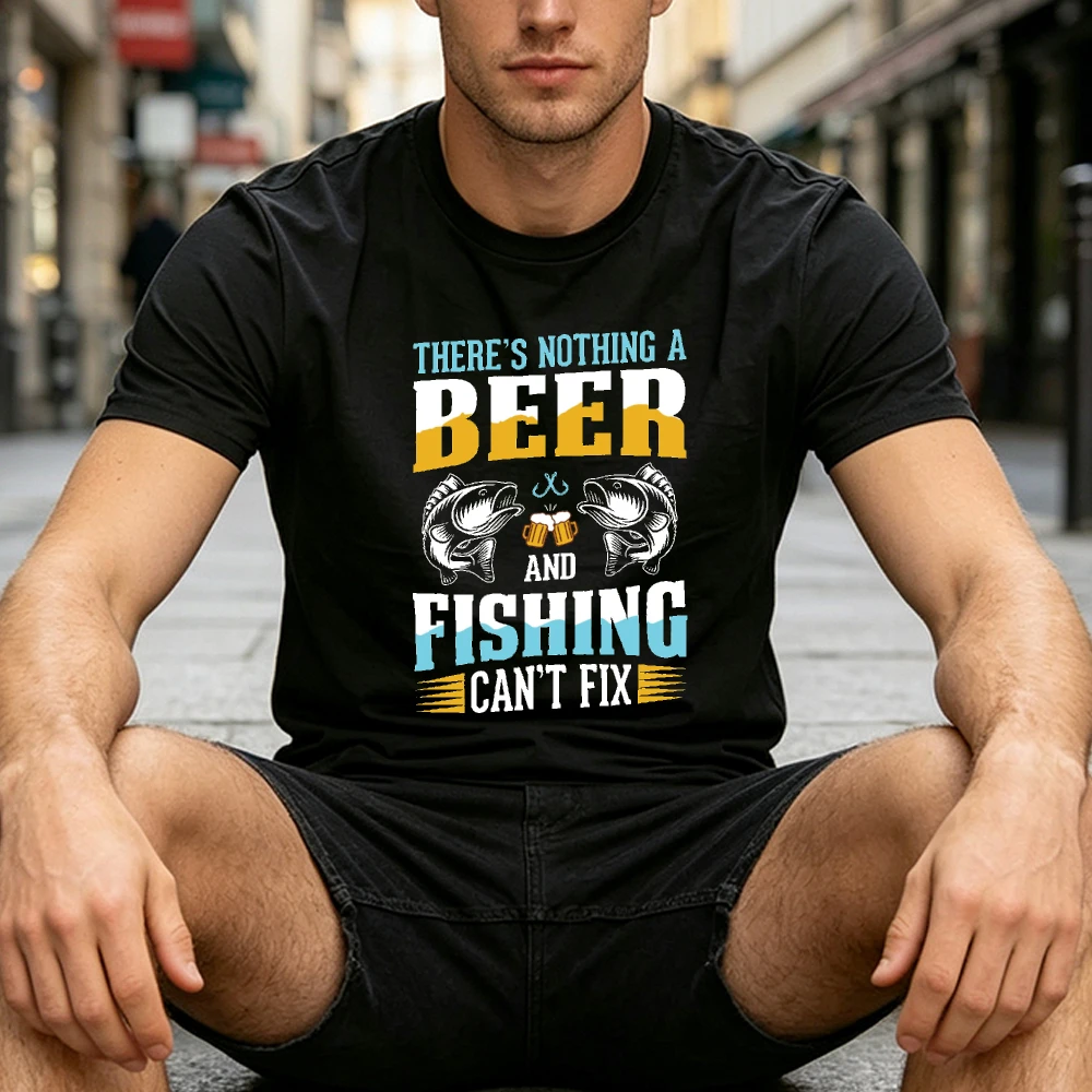 THERE'S NOTHING A BEER AND FISHING CAN'T FIX Print Men Short Sleeve Shirt Funny Beer Fishing Theme Print Fall Casual Male Outfit