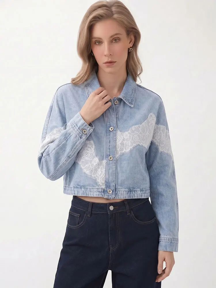 

HH Womens Loose Blue Denim Jacket Lace Trim Long Sleeve Button Front Cropped Coats Date High Street Casual Summer Vacation Coat