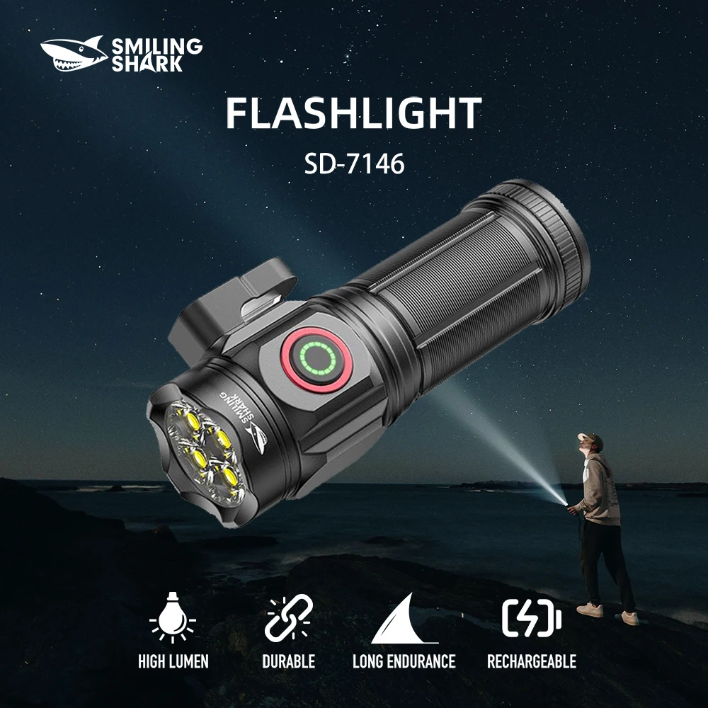 

1 шт. светодиодный фонарик Smiling Shark SD-7146, супер яркий ручной фонарик, долговечная перезаряжаемая вспышка для улицы