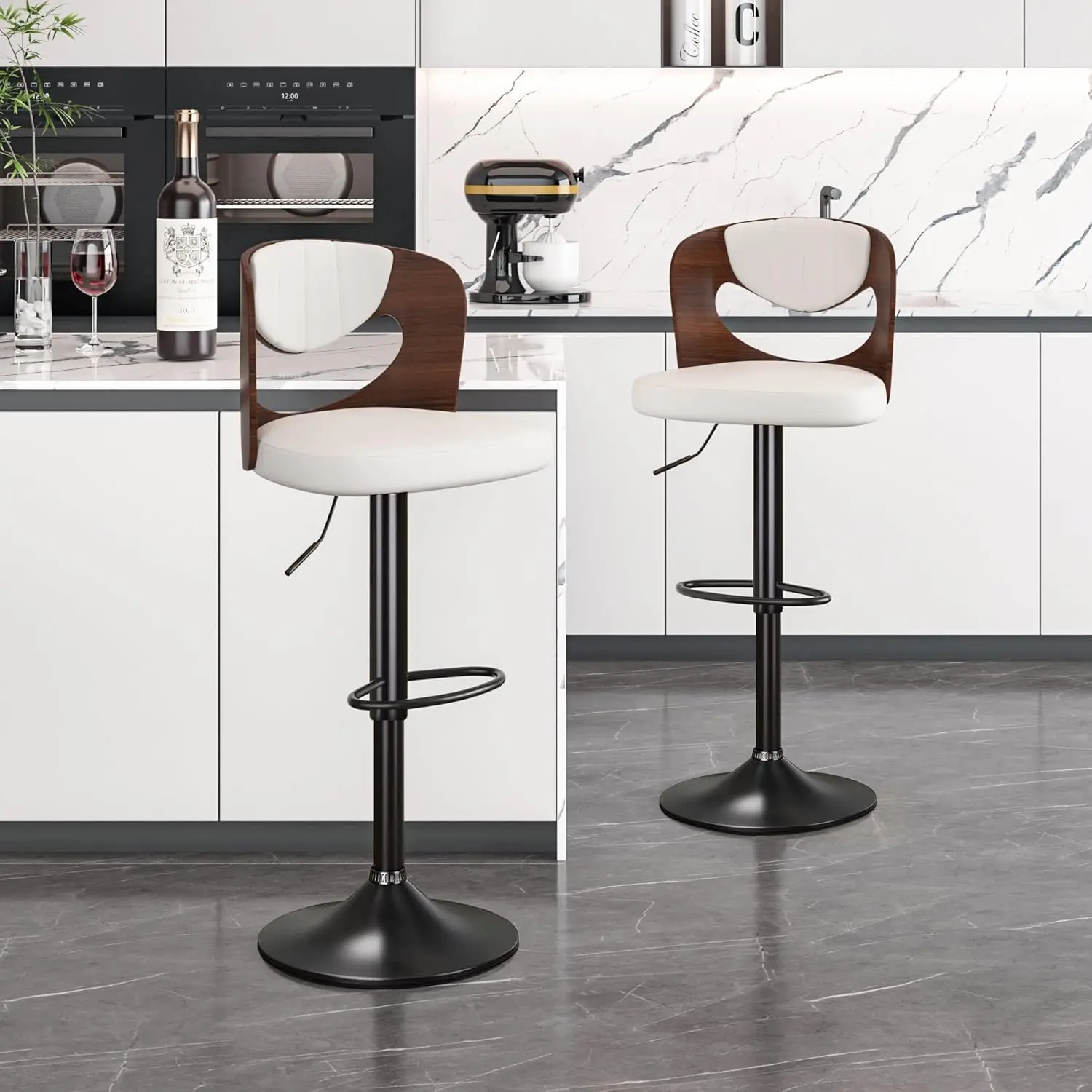 Vecelo Bar Stools Set Of 2,Kitchen Island Stools With Bentwood Back,Arm&Footrest,Counter Height Stools Pu Leather Adjustable