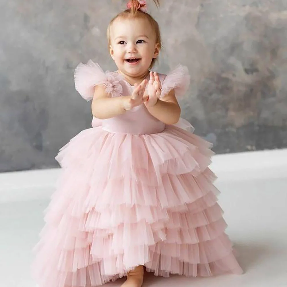 

Pink Flower Girl Dress Tiered Tulle Cap Sleeves Princess Baby Girls Pageant Gowns Puffy Birthday Party Dress with Bow