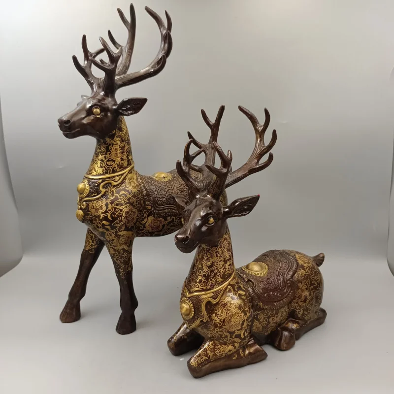 Collectible Ornaments Red Copper Gilt One Road With You Outing Plum Blossom Deer Pair Home Decor Crafts