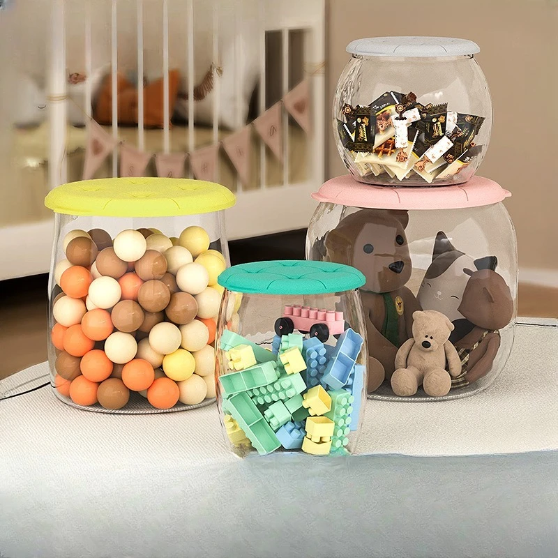 2in1 Storage Stool with Padded Lid Multifunctional Large Capacity Round Transparent Sundries Storage Box Home Organization
