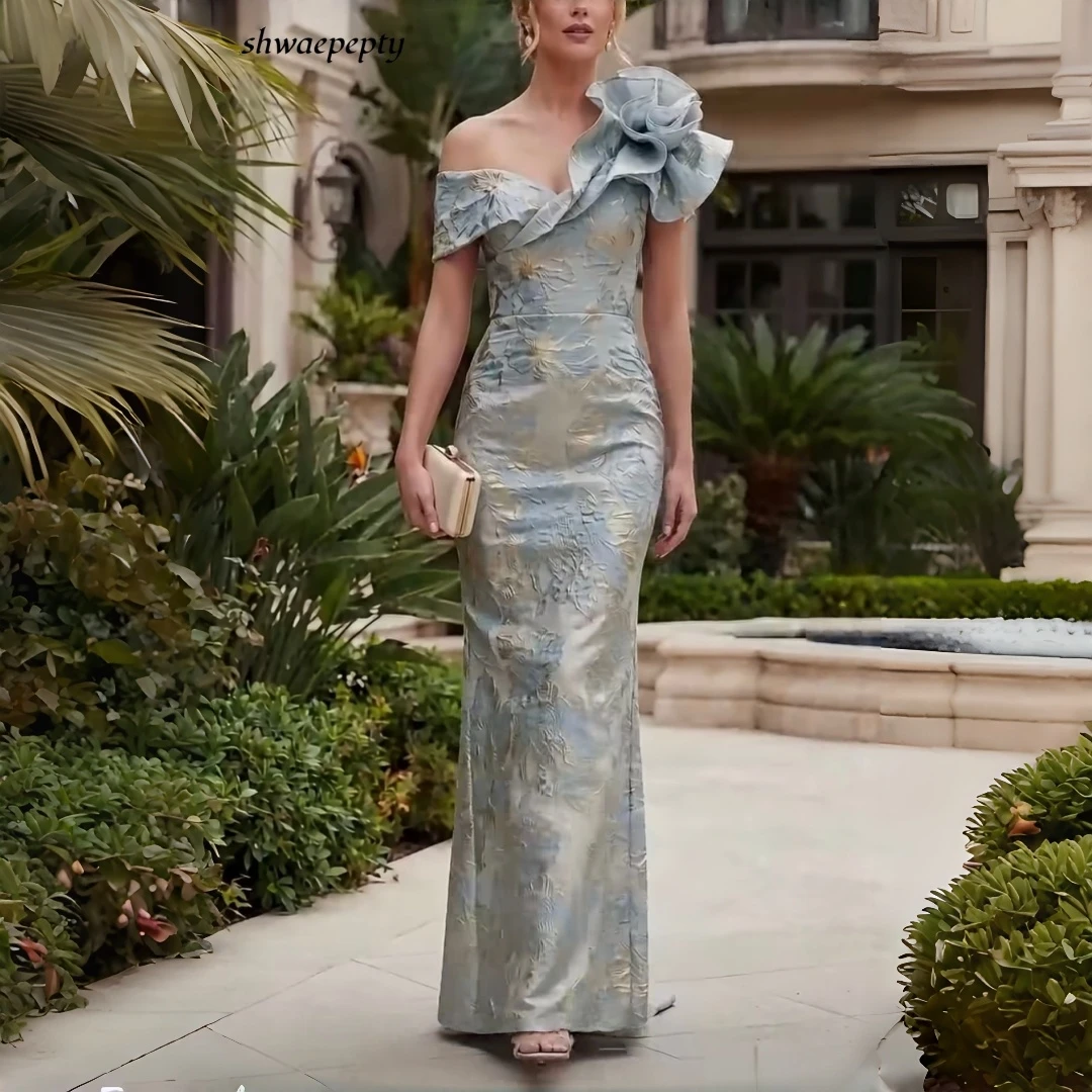 Light Blue Jacquard Prom Dress One Shoulder 3D Flower Formal Evening Gown Wedding Guest Gown For Women Customized