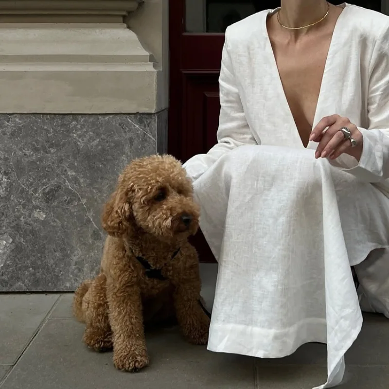 V Neck Slit Vacation Boho Dress Streetwear Elegant France Cotton Loose Long Dress for Women Casual Fashion White Long Sleeve