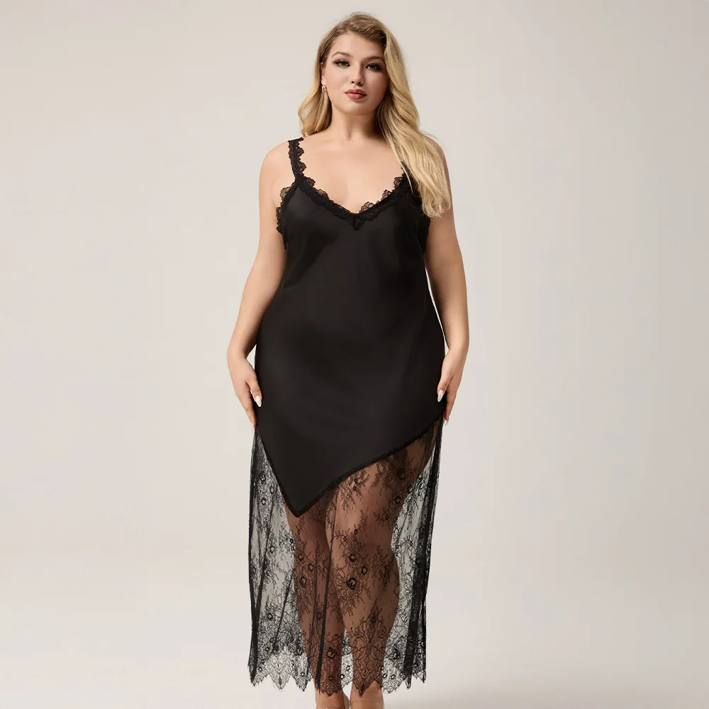 

Plus Size 3XL 4XL 5XL Black Long Nightgown Female Sleepwea Sexy Deep V-Neck Big Lace Hem Nightdress Silk Satin Homewear