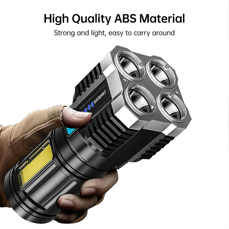 LED 4-core Super Bright Flashlight USB Rechargeable Outdoor Portable Camping Long-range Spotlight Battery Display COB Flashlight
