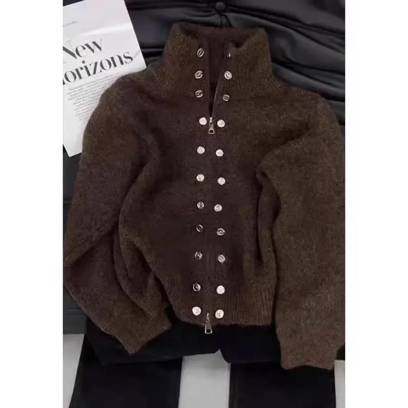 

Luxury Zipper Knitted Cardigans Double Breasted Decor Sweaters Stand-up Collar Elegant Thick Coats Women Leisurely Clothing