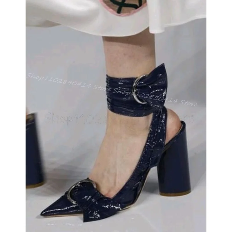 

Navy Blue Buckle Decor Bow Knot Pointed Toe Pumps Buckle Strap Women Shoes Chunky High Heel Sexy Runway 2024 Zapatos Para Mujere