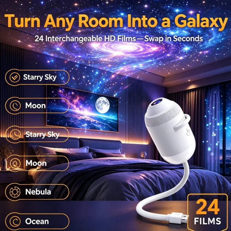Image of USB-Sternenhimmel-Galaxie-Projektor 360 ° Einstellbares HD 2-in-1 Touch-Nachtlicht, augenschonende USB-Stimmungslampe für Auto und Zuhause, romantische Dekoration