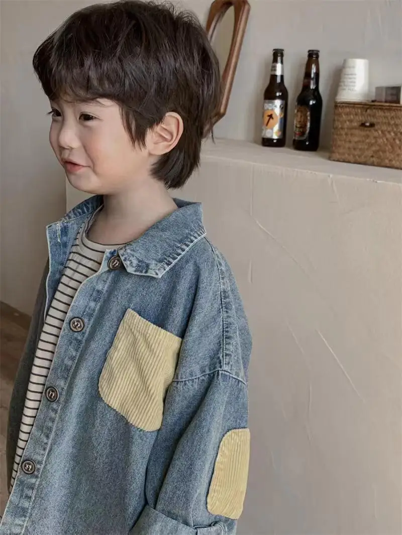 Children\'s New Spring Wear 2024 Boys\' Cotton Denim Long sleeved Shirt Children\'s Patched Patch Coat jacket