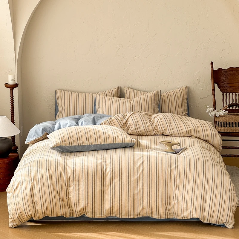 High quality 100% Cotton Bedding Set 1pc Duvet Cover and 2pc Pillowcase Plaid Soft Skin Friendly Bedding Single Double King Size