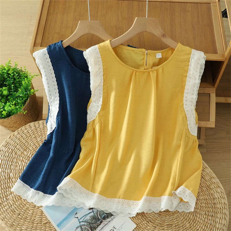 Кружевная рубашка из хлопка и льна, женские летние блузки без рукавов, повседневная лоскутная свободная рубашка