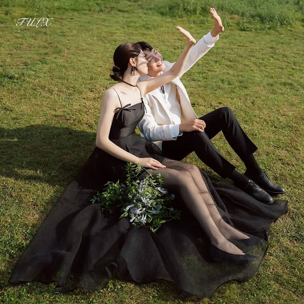 

TULX Princess Strapless Strap Evening Dress Korea Wedding Photo Shoot Black Satin A line Long Party Dress Corset Customized 2026