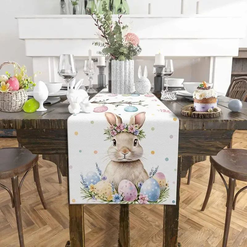 VIKAMA Osterhase Ei Leinen-Tischdecke Rustikale Küchen- und Esstisch-Dekoration Frühlings-Feiertags-Tischdecke Maschinenwaschbar