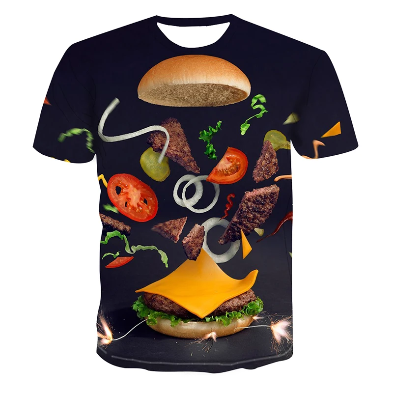 Hamburger Bacon Fries 3D Harajuku Print Street Hip Hop Fashion Casual New Short Sleeve Round Neck Men's And Women's T-Shirt Tops