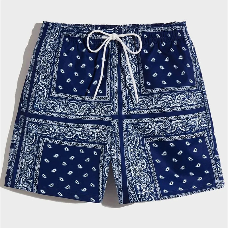 Classic Perris Pattern Men Beach Short Retro Print Drawstring Board Shorts Sea Vacation Casual Fashion Hawaii Swim Trunks Moto
