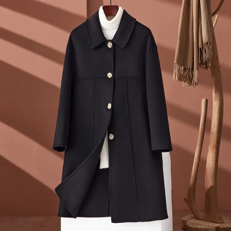 

Шерстяное пальто из 100% чистой шерсти, женский осенне-зимний костюм, шерстяное пальто, кашемировые двусторонние куртки, черная верхняя одежда с воротником, женская