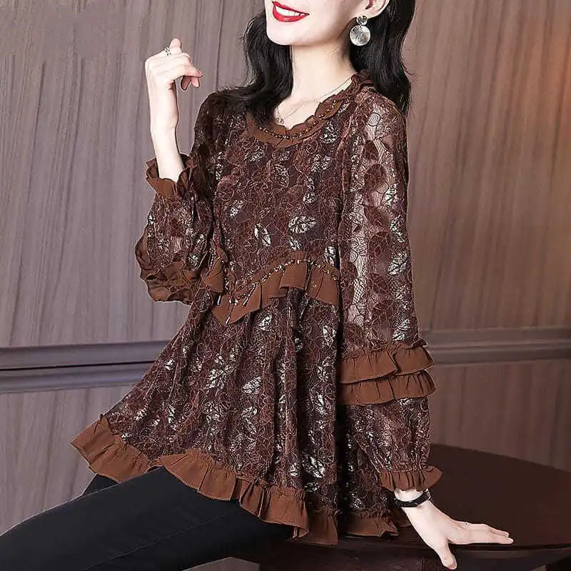 Elegante tinta unita Ruffles Lace Hollow Out camicetta abbigliamento donna 2022 autunno New Sweet top camicia oversize allentata da pendolare