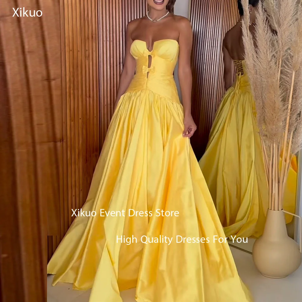 

Xikuo Bright Yellow Satin Evening Gowns Pleated Sweetheart Robe De Soirée Mariage Bow Lace Up Back Chic Party Dresses Customized