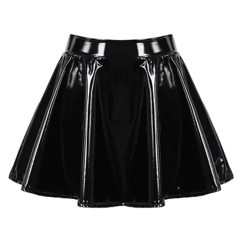 Image Flared Miniskirt For Women Glossy Patent Leather Skirt Dance Performance Mini Skirt Clubwear Cosplay Costume Retro Dress