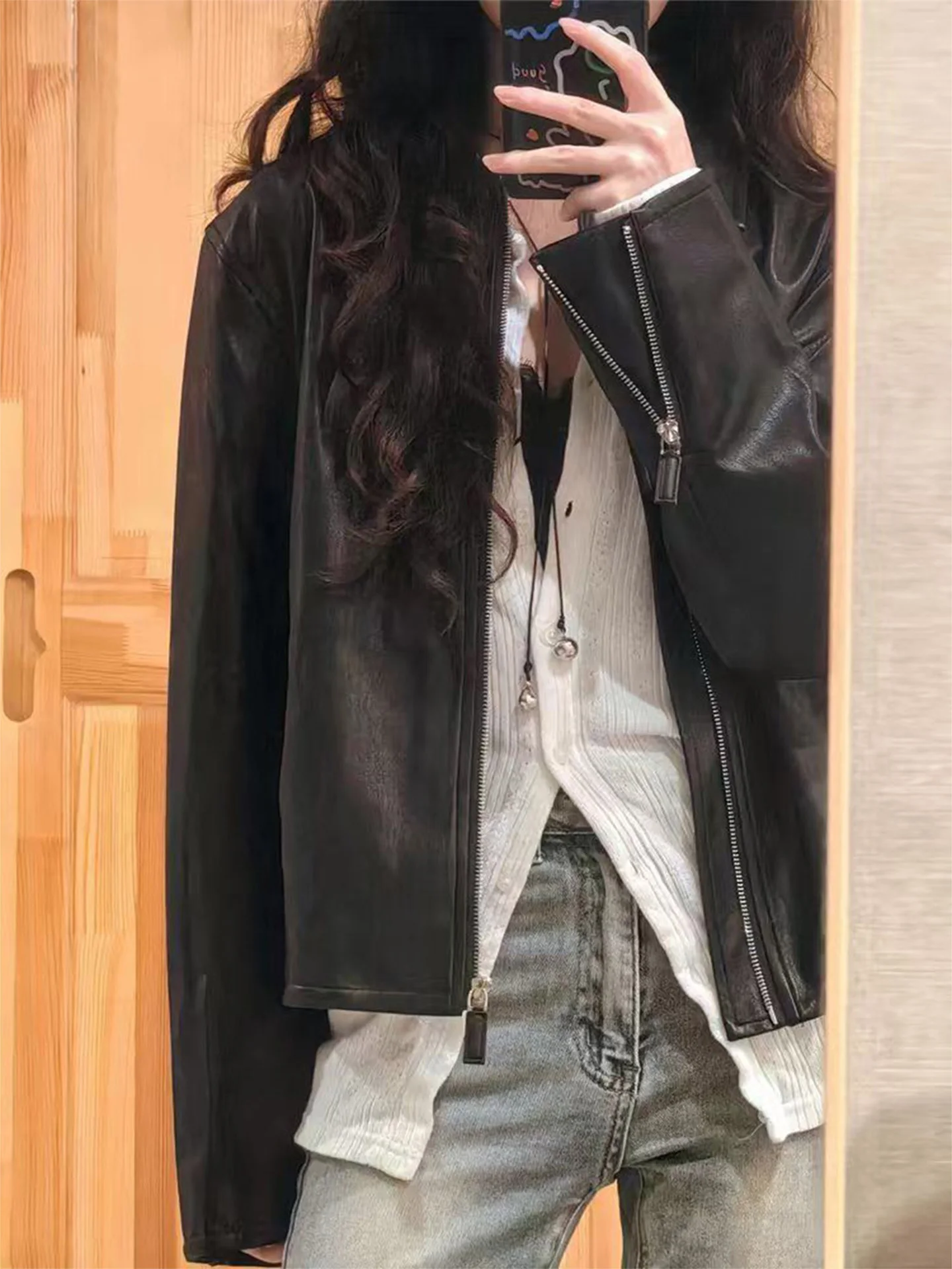 Retro Sle Women's Bla Leather Jaet ort Zipper Casual Top Korean Faion Windproof Long Sve Stand Fit ort Coat