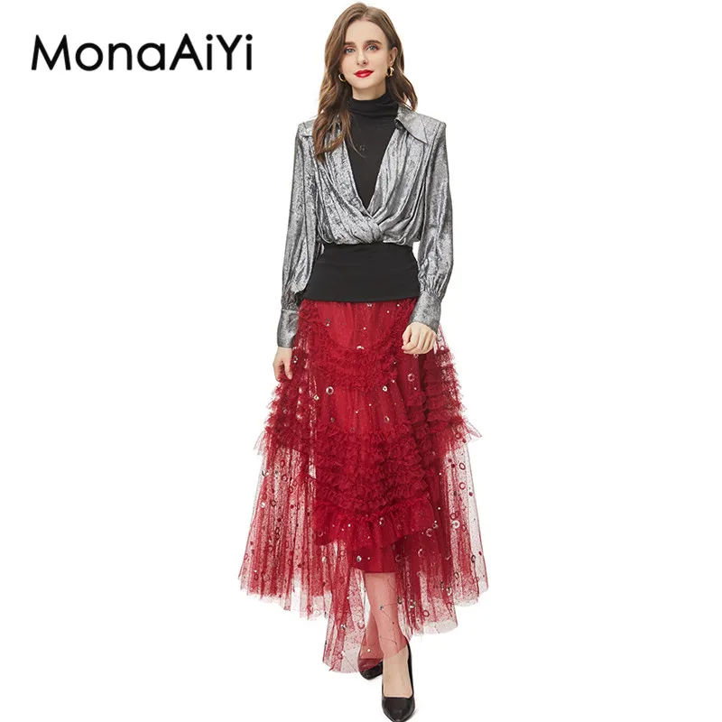 

MonaAiYi New Fashion Runway Designer Women's Lapel Collar Silver Knitted Top+Wood Ear Edge Sequin Red Skirt 2-Piece Set