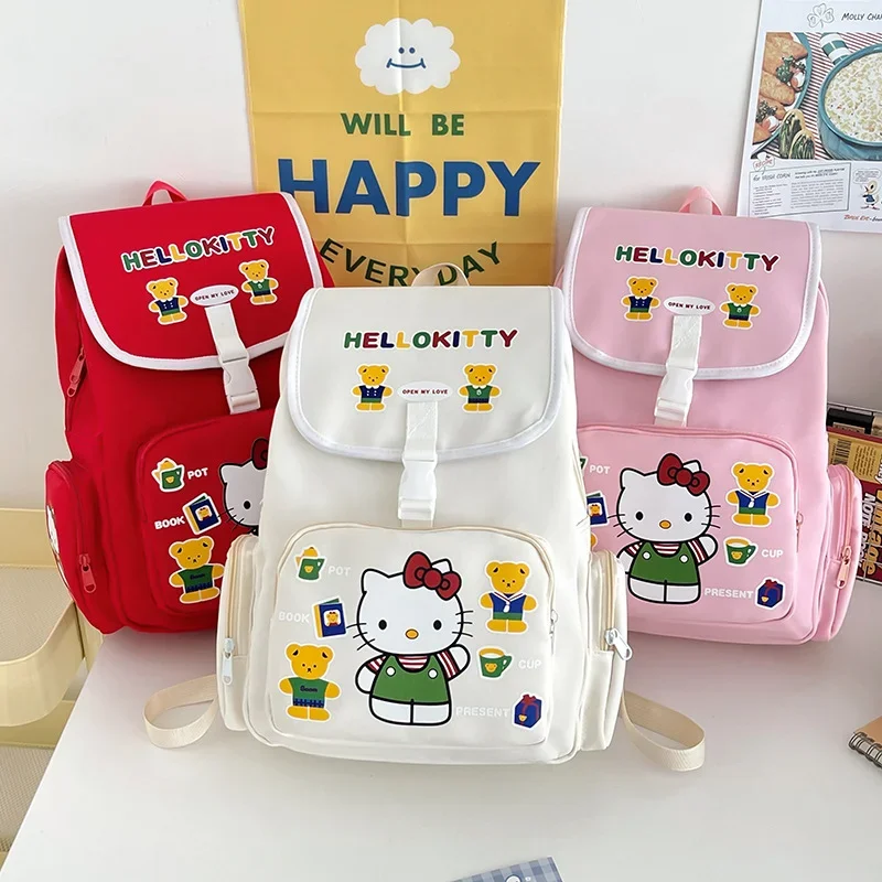 Sanrio Hello Kitty New Cute Student School Bag Large Capacity Light Leisure Ridge Care College Style Canvas Backpack Female