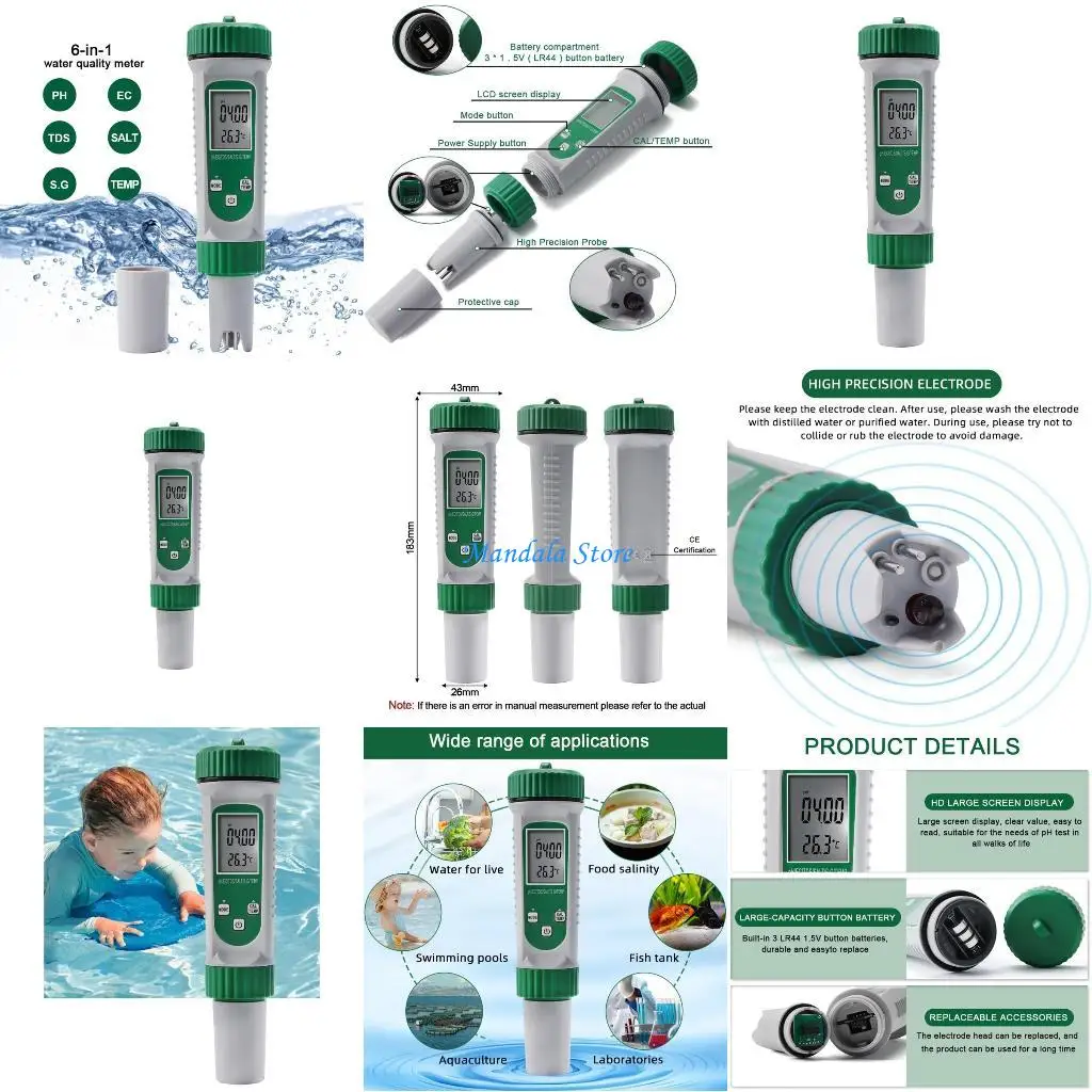 

U2JC 6-in-1 Digital Meter with ATC High Accuracy Water Quality Tester for Hydroponics Household Drinking Pool & Aquarium