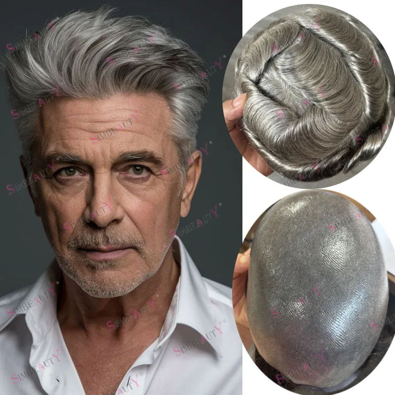 # 550 بني مع نظام الشعر البشري الرمادي الاصطناعي للرجل العجوز خط شعر طبيعي غير قابل للاكتشاف متين 0.06 مللي متر قاعدة كاملة من الجلد شعر مستعار #2