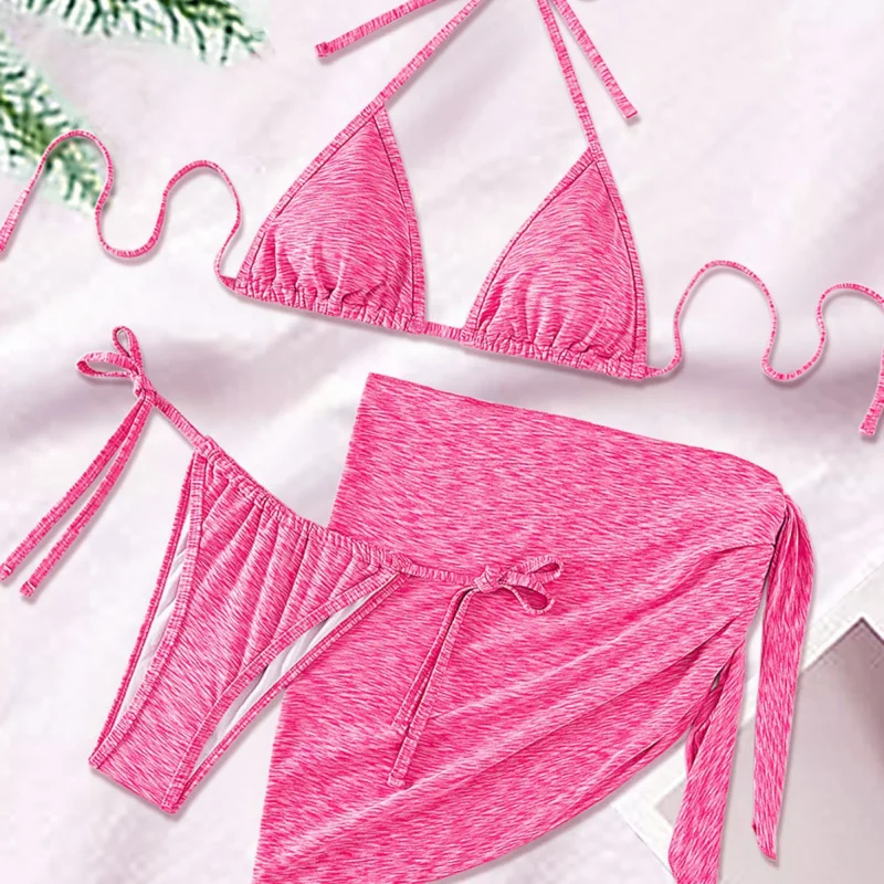 

Pink three-piece swimsuit with open back, tie-up bikini and skirt, new women's beachwear