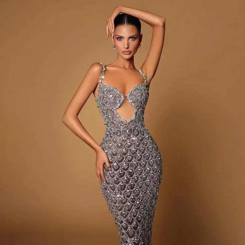 

Custom Sexy Deep V Plunge Neck Backless Sequins Mesh Sparkly Silver Maxi Long Dress Elegant Party Evening Outfits Vestido