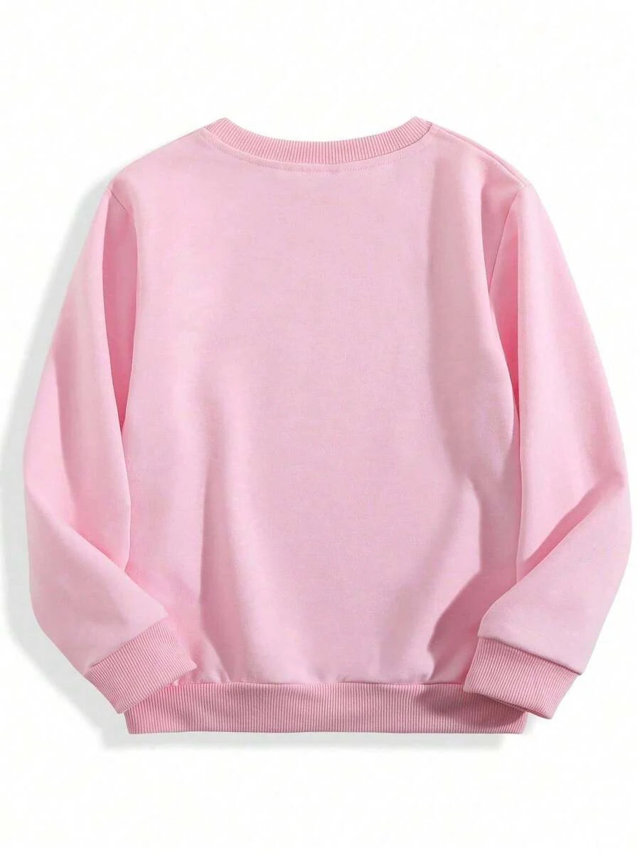 Rosafarbenes Langarm-Sweatshirt für Mädchen mit Rundhalsausschnitt und dem Aufdruck „FUN GIRL“ mit einem süßen Cartoon-Mädchen mit Afro-Frisur; ein locker sitzendes T-Shirt. – Detail 2