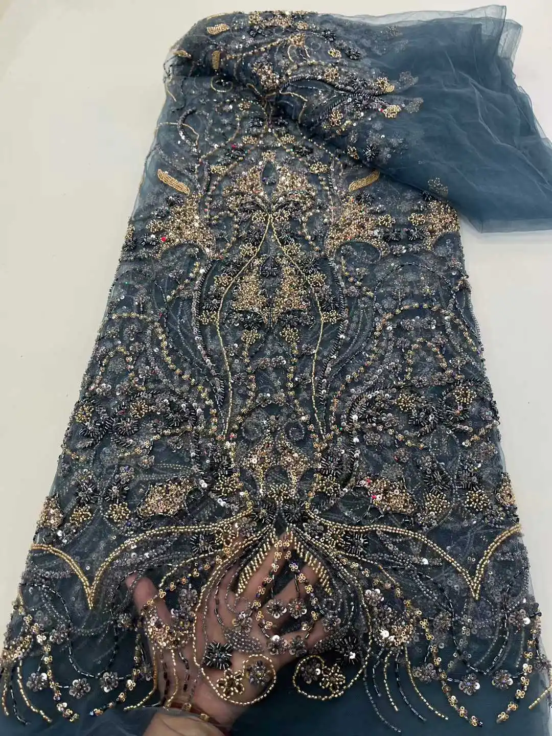 Handmade Hot Sale Embroidery Net Lace Beads Sequins For Pary or Evening Dress, African Design Fabric, High Quality, New Arrival