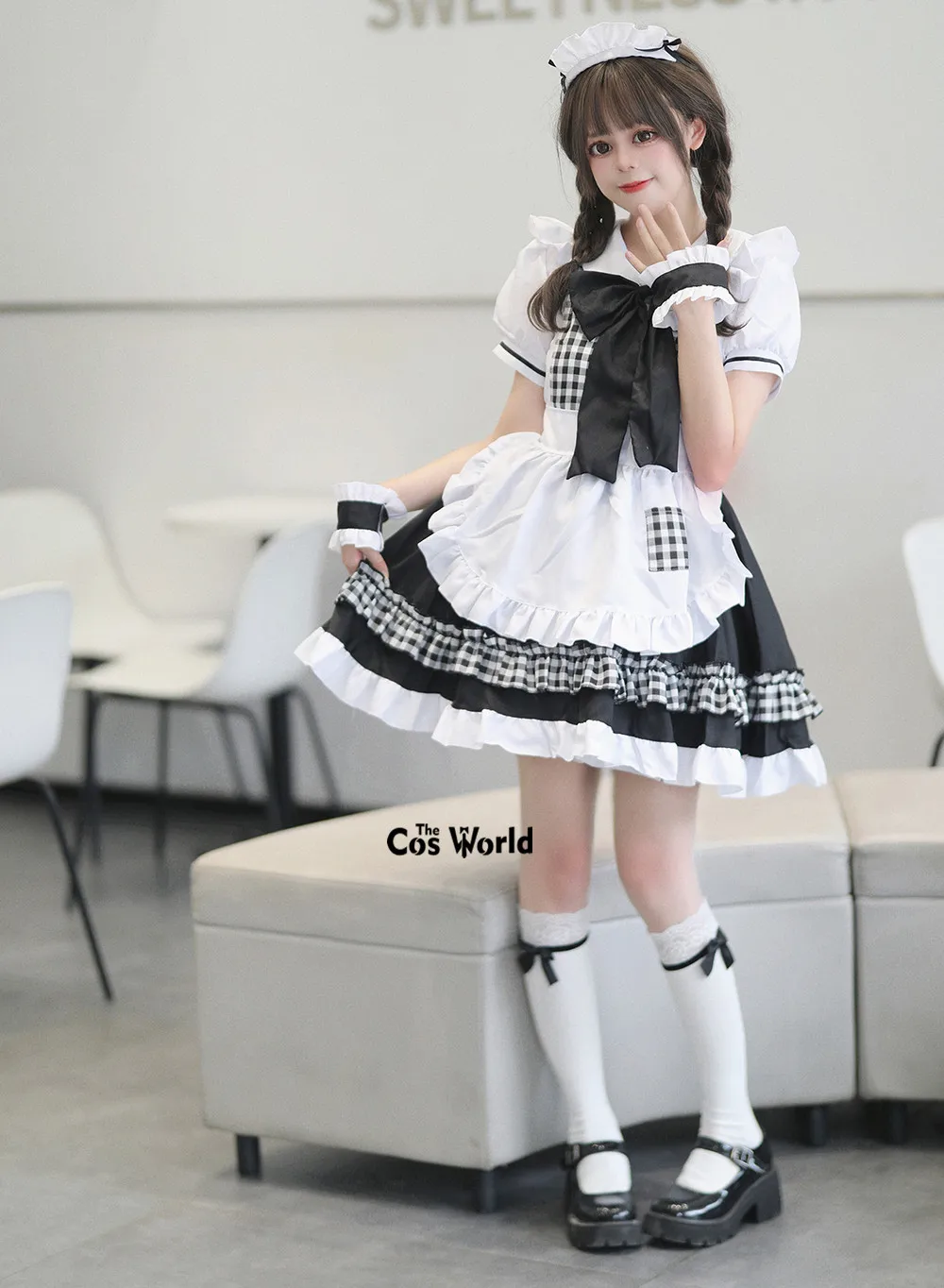 S-5XL Japanese Sweet Lolita Plaids Housekeeper Maidservant Restaurant Apron Maid Dress Uniform Outfits Anime Cosplay Costumes