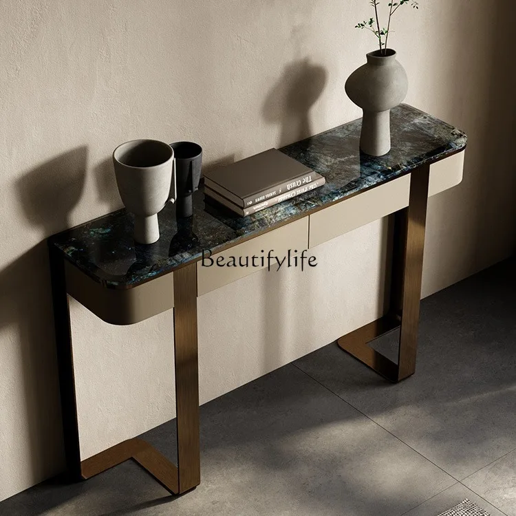 

Blue jadeite marble entrance table Modern stainless steel end view table against the wall Italian light luxury entrance