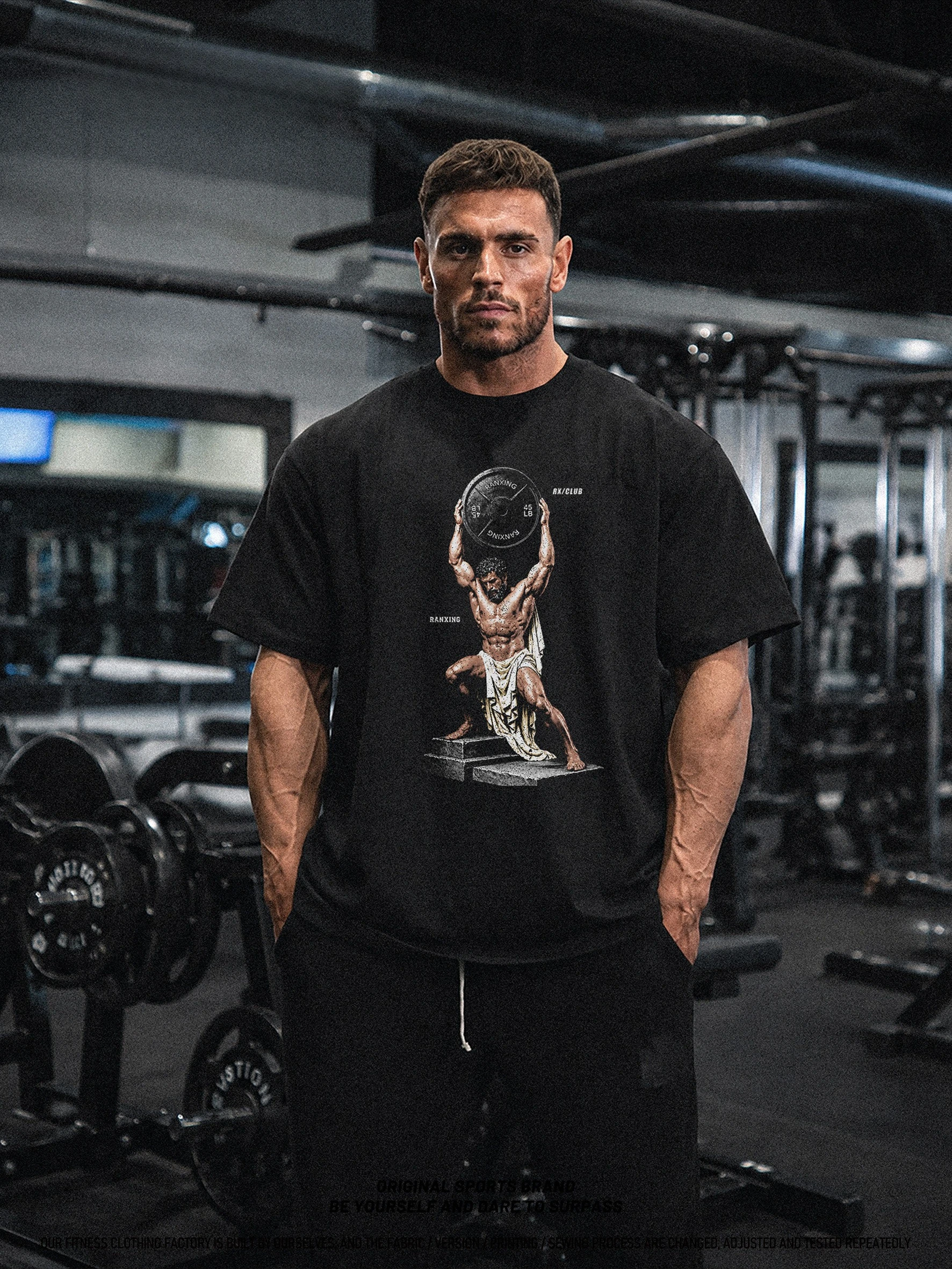 Vintage Hercules Lift Barbell Print T-shirt Men Gym Workout Bodybuilding Loose Fit Cotton Casual Fitness Training Tops