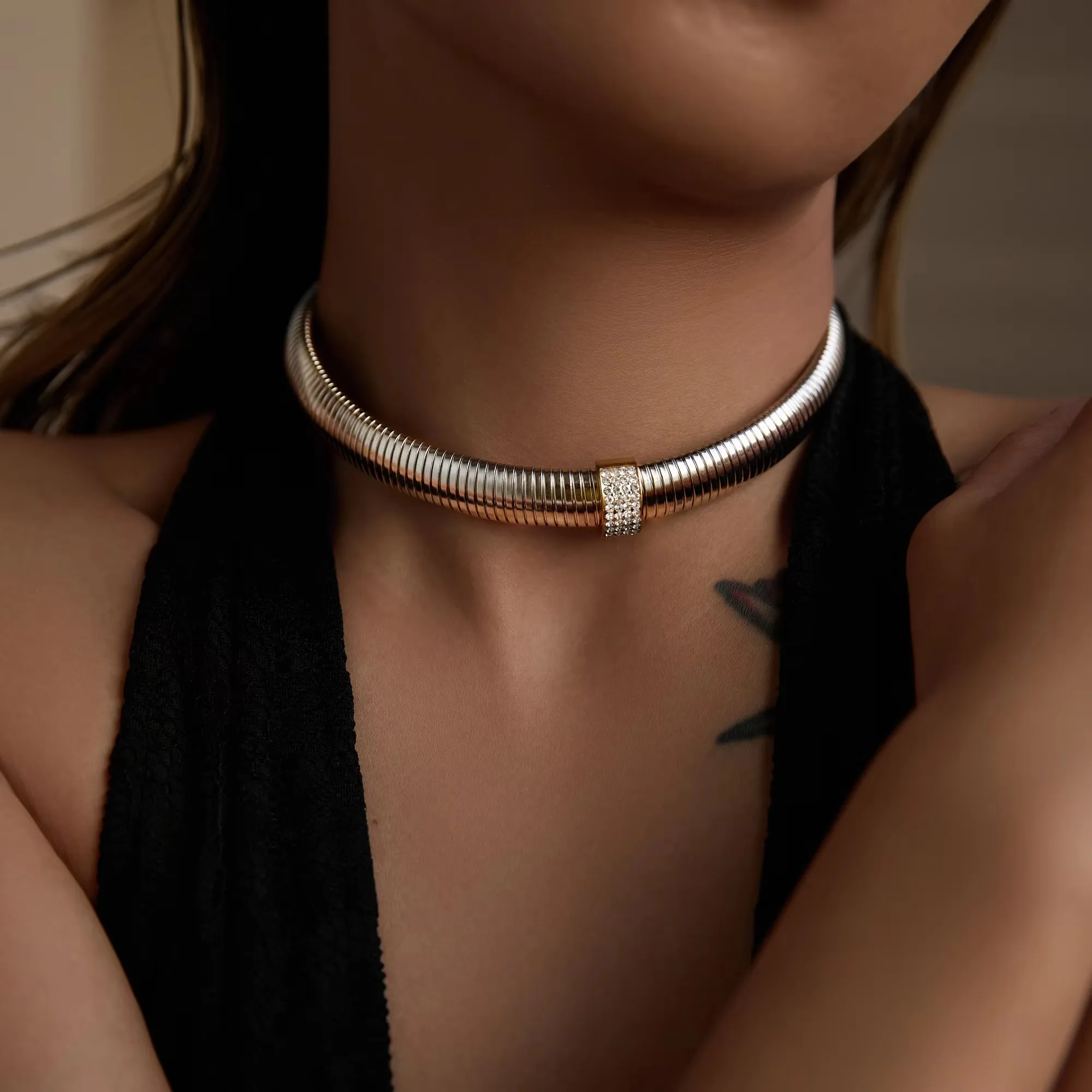 18k Gold Plated Tarnish Free Waterproof Stainless Steel Zirconia Stretch Gypsy Necklace for Women Chunky Chains Choker Jewelry